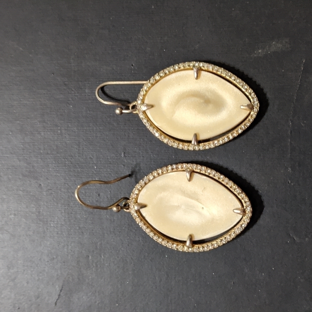 Gold Tone Cream and Rhinestone Oval Statement Earrings